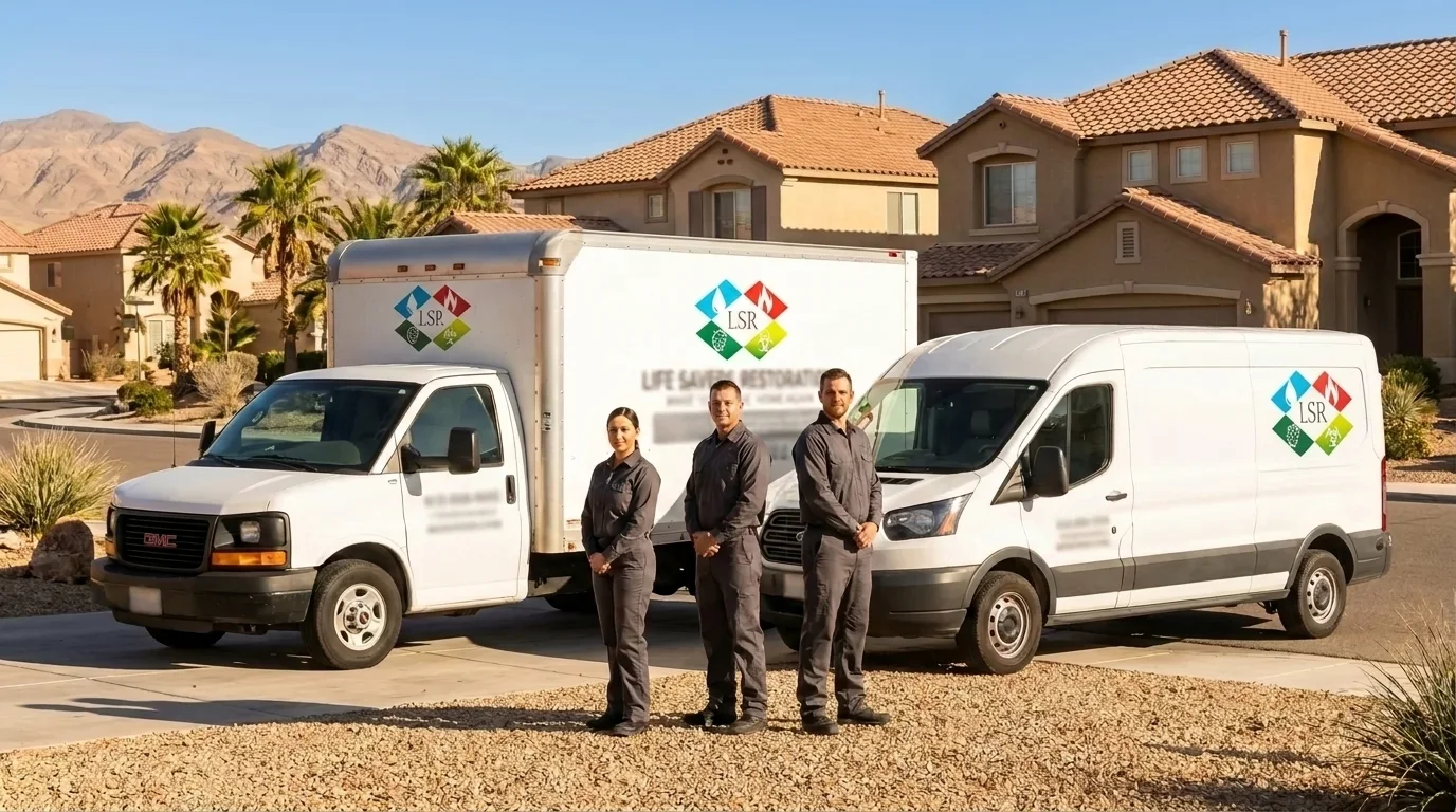 Three technicians in white Tyvek suits spraying outdoor area, Life Savers Restoration LLC